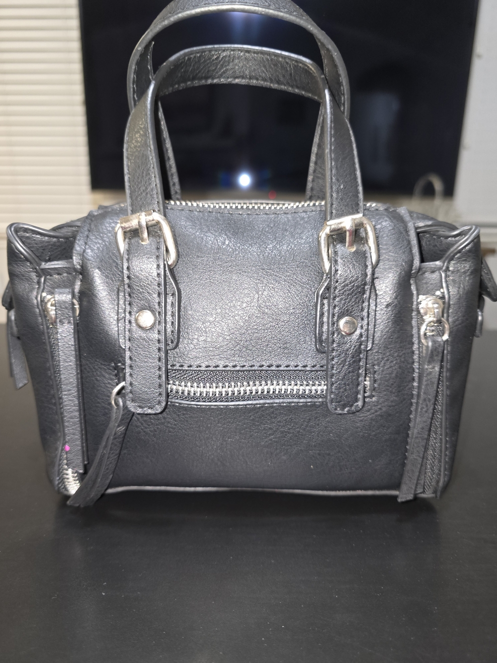 Classic Black Leatherette Mini Satchel Handbag, New Without Tags